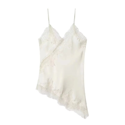HH Women Elegant Polka Dot Lace Slip Tops Asymmetrical Hem Tanks Camis Summer Lady Sexy Lace Splicing Club Party Tops Camisole