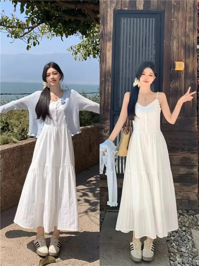 Slimming White Strapless Long Dress Simple French Style A-Line Midi Dress Women's Summer Fashion Sensation Waist-Cinching Dress