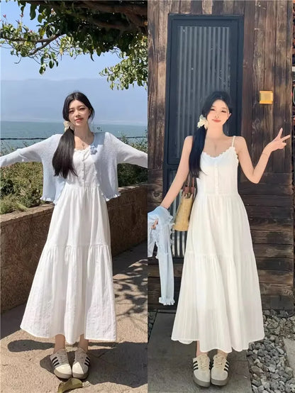 Slimming White Strapless Long Dress Simple French Style A-Line Midi Dress Women's Summer Fashion Sensation Waist-Cinching Dress