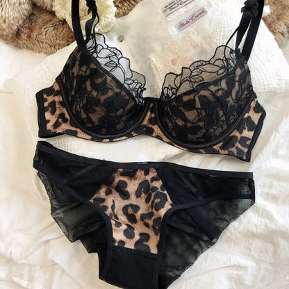 Sexy Leopard Print Women Lingerie Set French Lace Flowers Embroidery Mesh Bra Comfort Push Up Brassiere Charm Ladies Underwear