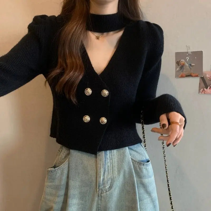 Elegant V-Neck Bubble Sleeve Knitwear Short Top Fashion Trend Neck Hanging Style Girl's French Style Slim Fit Long Sleeve Autumn