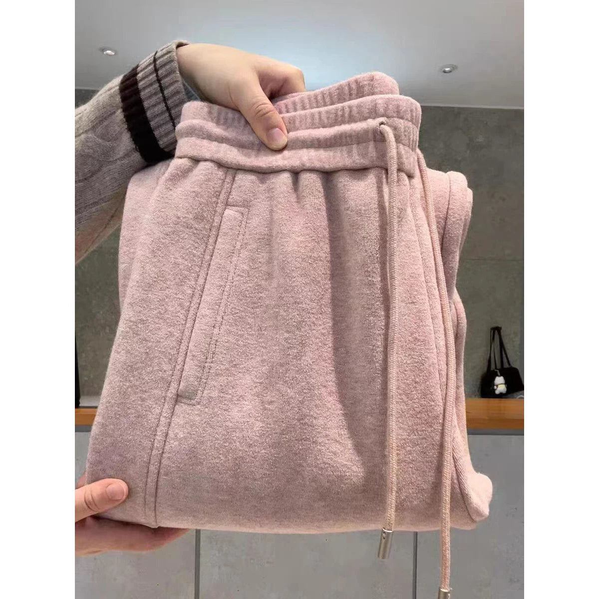 Pink Soft Fleece Lined Knitted Casual Pants Women's Autumn Winter Warm Slimming Drapey Drawstring Loose Fit Straight Leg Trou...