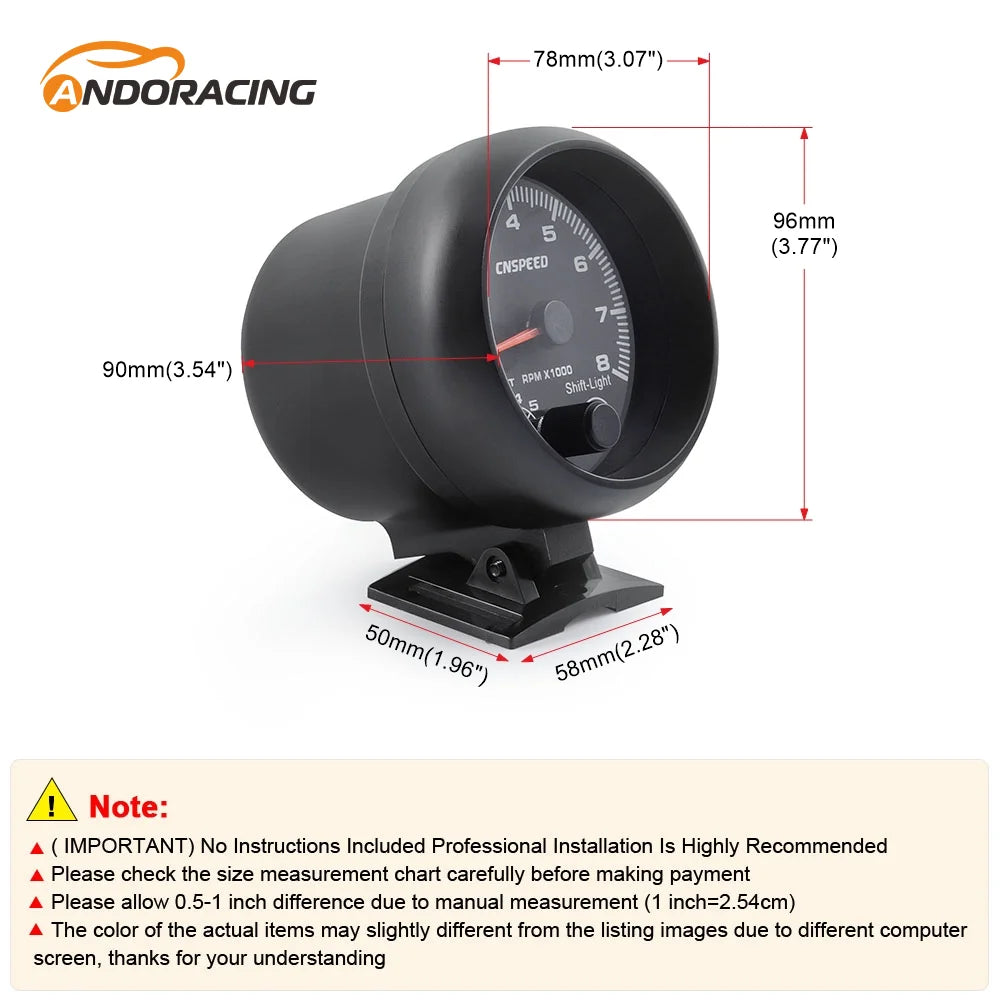 12V Tachometer Gauge 3.75'' Car Universal Black Tachometer Gauge 7color Inter Shift Light 0-8000 RPM Fit 4 6 8 Cylinder