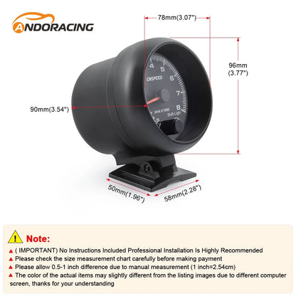 12V Tachometer Gauge 3.75'' Car Universal Black Tachometer Gauge 7color Inter Shift Light 0-8000 RPM Fit 4 6 8 Cylinder