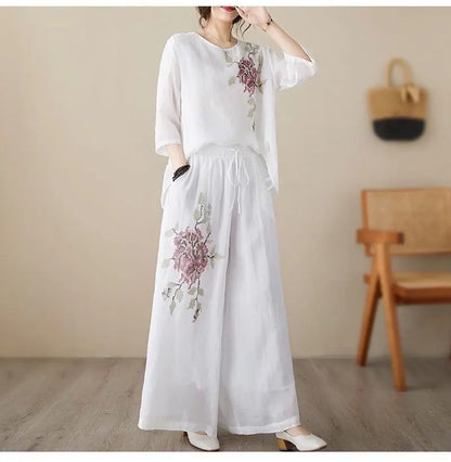 plus Size Women's Retro Cotton Linen Set Wide Leg Pants Slimming Mom Two Piece Suit Spring Fashion Korean Style Commute Wear