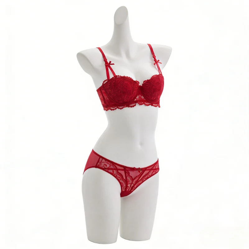 Women White Lace Demi Bra Minimizer Push Up for Small Bust Anti Sagging Lingerie Bra Set  BANERDANNI Panty Set S-XL 32-38-AB Cup