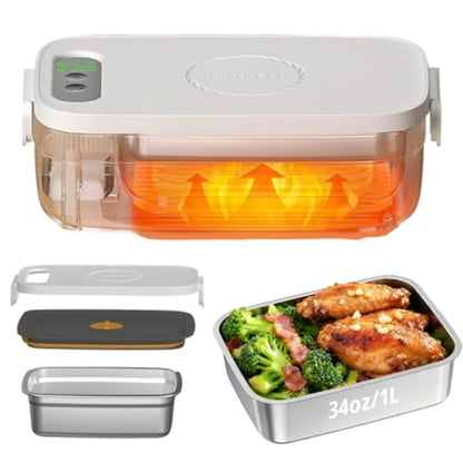 Cordless Electric Lunch Box for Adults 34oz/1L Heated Lunch Box with Timer and Adjustable Heating 14000mAh Rechargeable Portabl