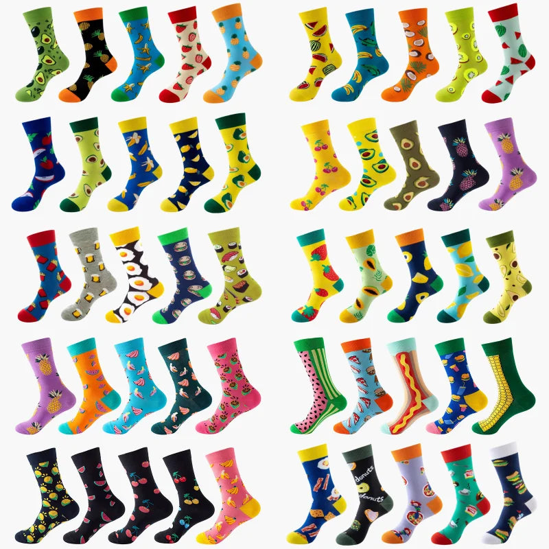 5 Pairs Fruit Print Socks Mid-Calf Funny Food Design Pineapple Watermelon Cotton Socks for Men Women Couple EU 37-45 US 6-12