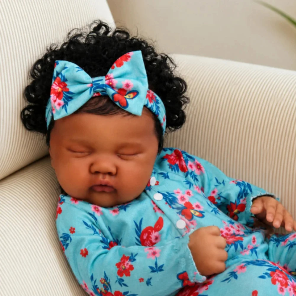 AONPENG 48CM Lifelike Asleep Reborn Baby Doll Toy with Black Brown Skin Vinyl Limbs Cloth Body Handmade Birthday Gift for Kids