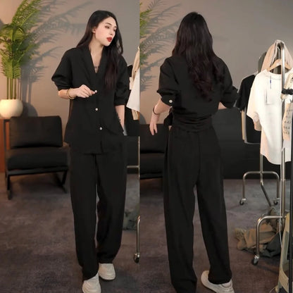 Casual Linen Silk Men Women Set Spring Summer Fashion Straight Leg Pants Long Sleeve Shirt Outerwear Two Piece Set Couple Out...