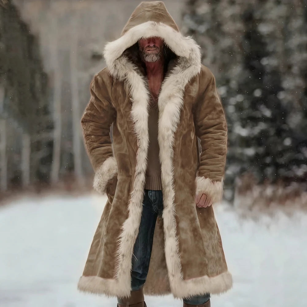 Men's Winter Thickened Hooded Jacket with Fleece Lining Solid Color Coat Long Sleeve Cardigan Style for Casual and Homewear