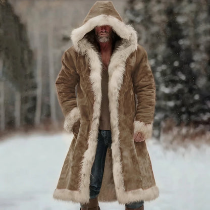 Men's Winter Thickened Hooded Jacket with Fleece Lining Solid Color Coat Long Sleeve Cardigan Style for Casual and Homewear