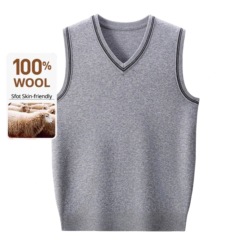 High End 100% Wool New Autum Winter Fashion Brand Knit Pullover Sweater Vest Slim Fit V-neck Sleeveless Casual Mens Clothing