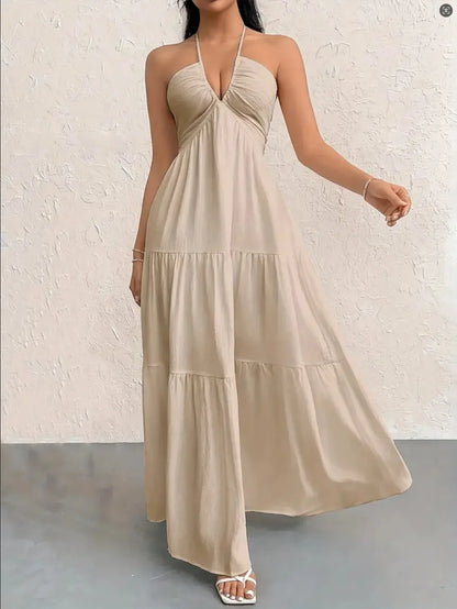 Summer 2026 Women's Trendy Deep V Shoulder Bohemian Style Dress with Belt for Wedding Festival Party Casual Wear