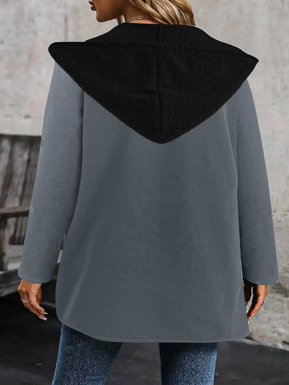 Autumn and winter new women's casual fashion patchwork color matching cardigan hooded sweatshirt