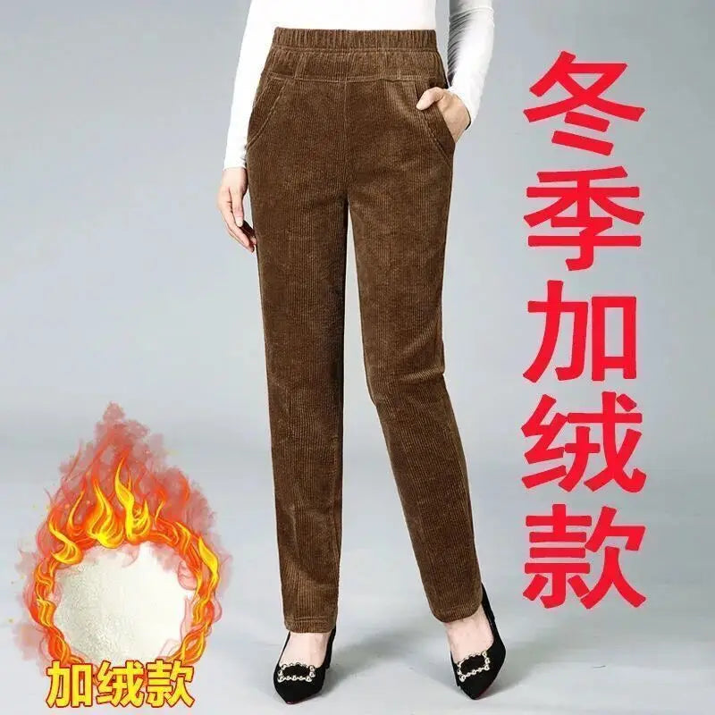 Thiened Fce Lined Corduroy Straight Leg Pants for Mom High Waist Korean Sle Commute Faion Winter Casual Trousers