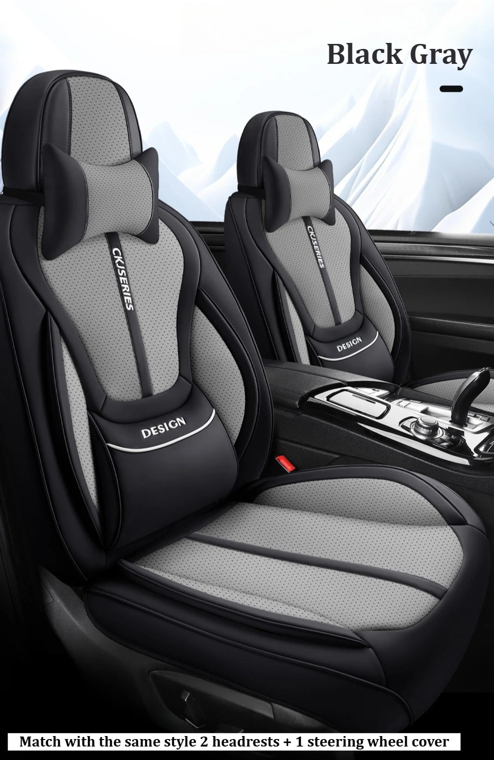 Premium PU Leather Auto Seat Covers Set with Built-in Lumbar Support +2 Headrest Covers +1 Steering Wheel Cover Comfortable