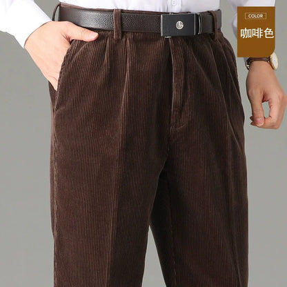 High Waist Double Pleated Winter Corduroy Pants Men Straight Loose 100% Cotton Autumn Casual Mens Trousers Size 44 46 48 50