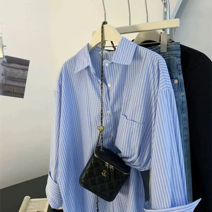 Retro Lazy Sle Blue Striped Women's Long Sve irt Spring Autumn Design Sense Small ence Outerwear Blouse