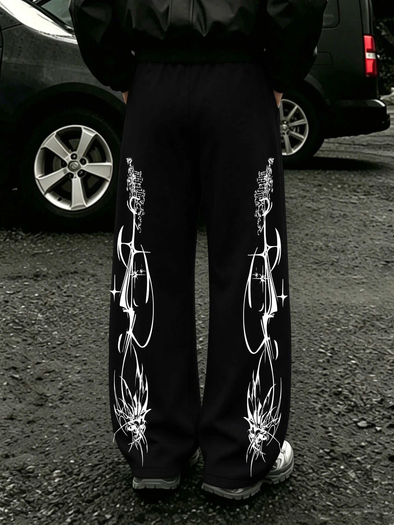 Y2K Dark Punk Abstract Gothic Cross Star Print Mens Baggy Wide Leg Sweat Pants Loose Straight Drawstring Hip Hop Street Joggers