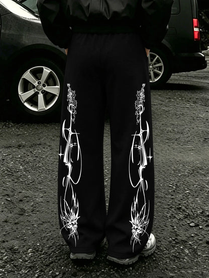 Y2K Dark Punk Abstract Gothic Cross Star Print Mens Baggy Wide Leg Sweat Pants Loose Straight Drawstring Hip Hop Street Joggers