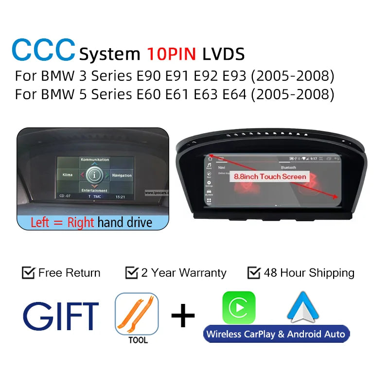 New Android 14 Wireless CarPlay Screen For BMW E60 E61 E62 E63 E90 E91 E92 2005-2012 Car Multimedia Player GPS Radio Navigation