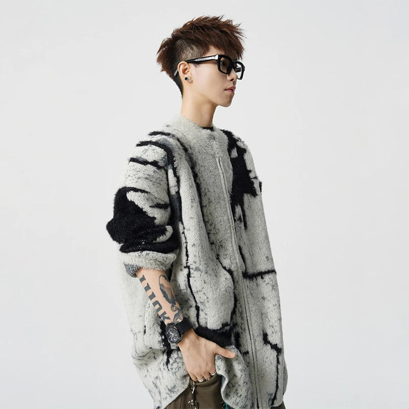 LUZHEN 2025 Winter New Original Color Contrast Ink Printed Knitted Cardigan Men Fashion Round Neck Handsome Male Sweater JY5391