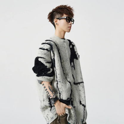 LUZHEN 2025 Winter New Original Color Contrast Ink Printed Knitted Cardigan Men Fashion Round Neck Handsome Male Sweater JY5391