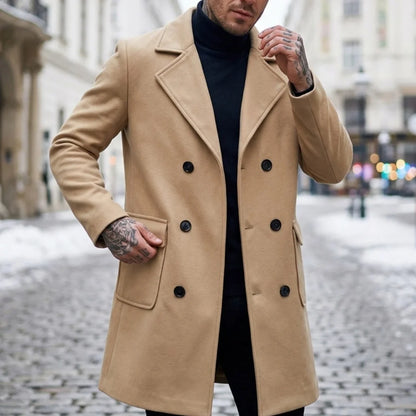 New Winter Men's Double-Breasted Knee-Length Trench Coat Windproof Lined Multi-Pocket Jakcets Business Casual Streetwear Coat