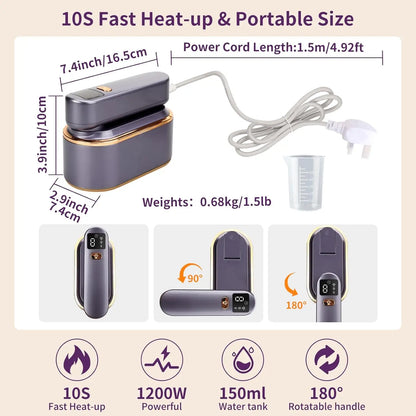 Portable Clothes Steam Iron 180° Rotatable Handle 3 Levels Handheld Garment Steamer 1200W Fast Heating 150ml Tank for Travel