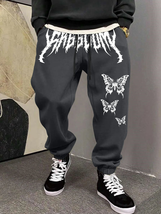 Men's Aesthetic Dark Gothic Butterfly Art Print Sweatpants Elastic Waist Joggers Cozy Goth Daily Street Fashion Bottoms