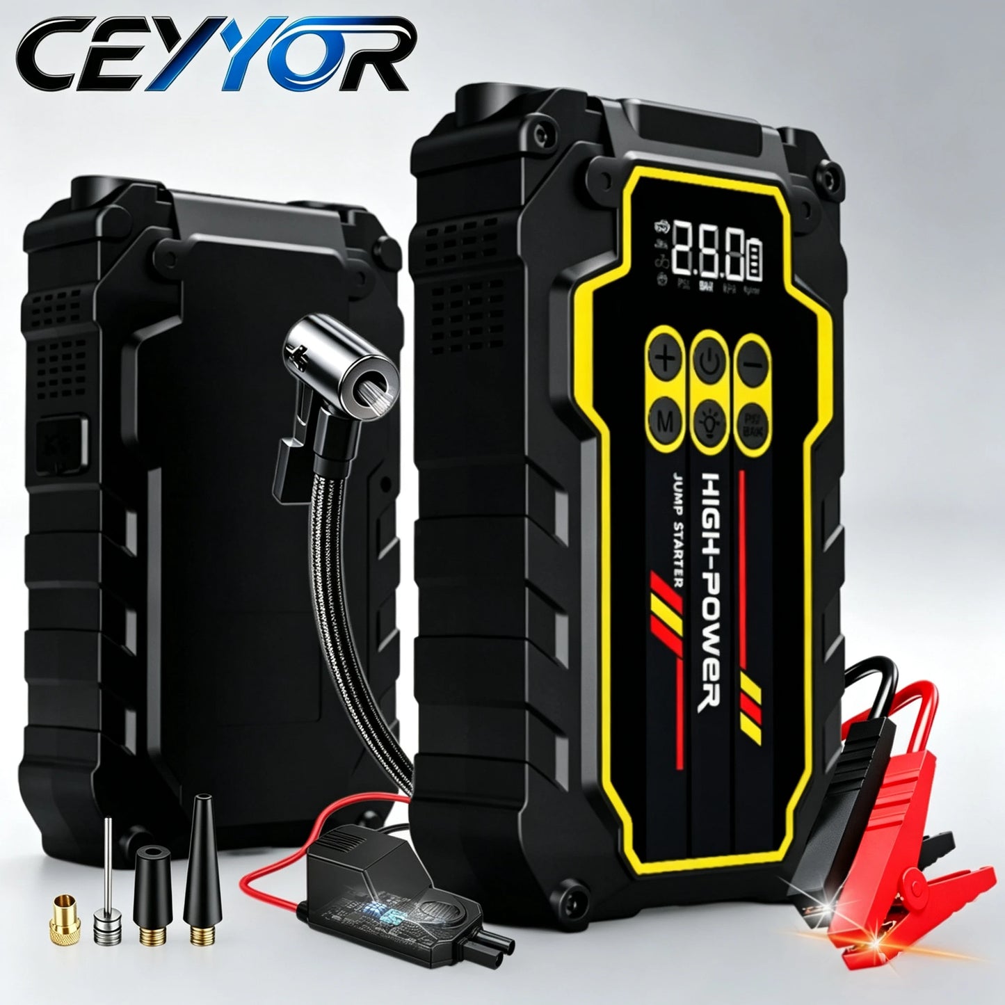 CEYYOR Car Jump Starter With Built-in Air Compressor,Portable 12V 4000A Booster Starting Device With LED Lights & Pressure Gauge