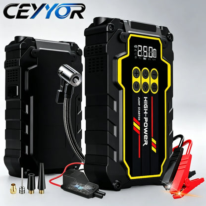 CEYYOR Car Jump Starter With Built-in Air Compressor,Portable 12V 4000A Booster Starting Device With LED Lights & Pressure Gauge