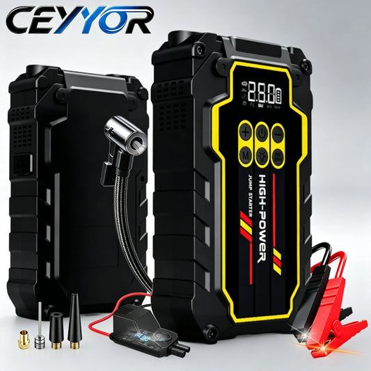 CEYYOR Car Jump Starter With Built-in Air Compressor,Portable 12V 4000A Booster Starting Device With LED Lights & Pressure Gauge