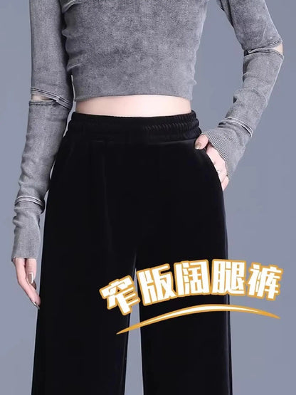 Slim Fit Velvet Wide Leg Pants Winter New Style plus Size Warm Fleece High Waist Elastic Korean Velvet Pants for Women