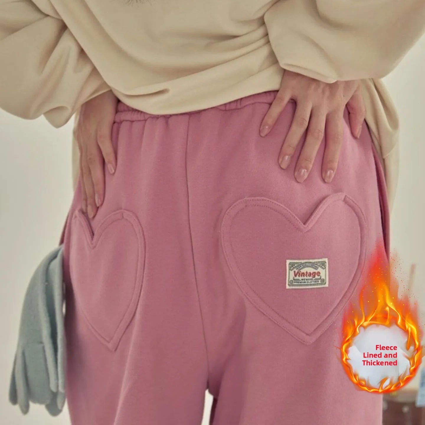 Fleece Lined Wide Leg Pants Korean Style Casual Heart Pocket Sweatpants Loose Thickened Casual Pants for plus Size Women