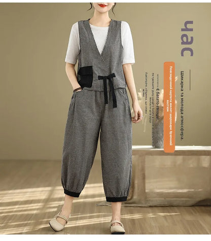 Fashionable Cotton Linen Plaid Set Casual Loose V-neck Tank Top And Lantern Pants Eighteen Loose Two-piece Set for Women