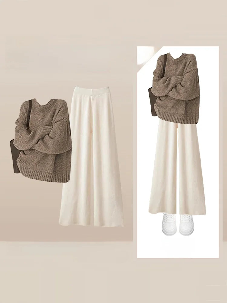 Loose Knitted Sweater And Wide Leg Pants Two Piece Set for Women Autumn Winter Comfortable Style plus Size Retro Casual Outfit