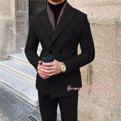 Wool Blend Men's 2 Piece Suit Set（Jacket+Pants) Double Breasted Lapel Suit Set Wedding Prom Dinner Wrok Travel Dinner Banquet