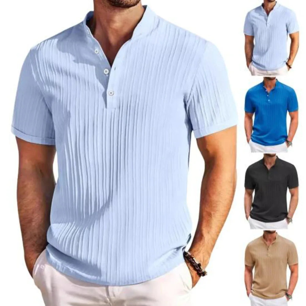 Hawaiian Men's Retro Cotton And Linen Henry Shirt Casual Loose With Sporty Stand-up Collar Buttons 2025 New Men's Casual Shirt