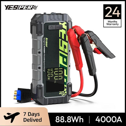 YESPER 4000A Jump Starter – 12V Car Battery Starter 24000mAh, Portable Power Bank for 10L Gas Diesel, Emergency Auto Start