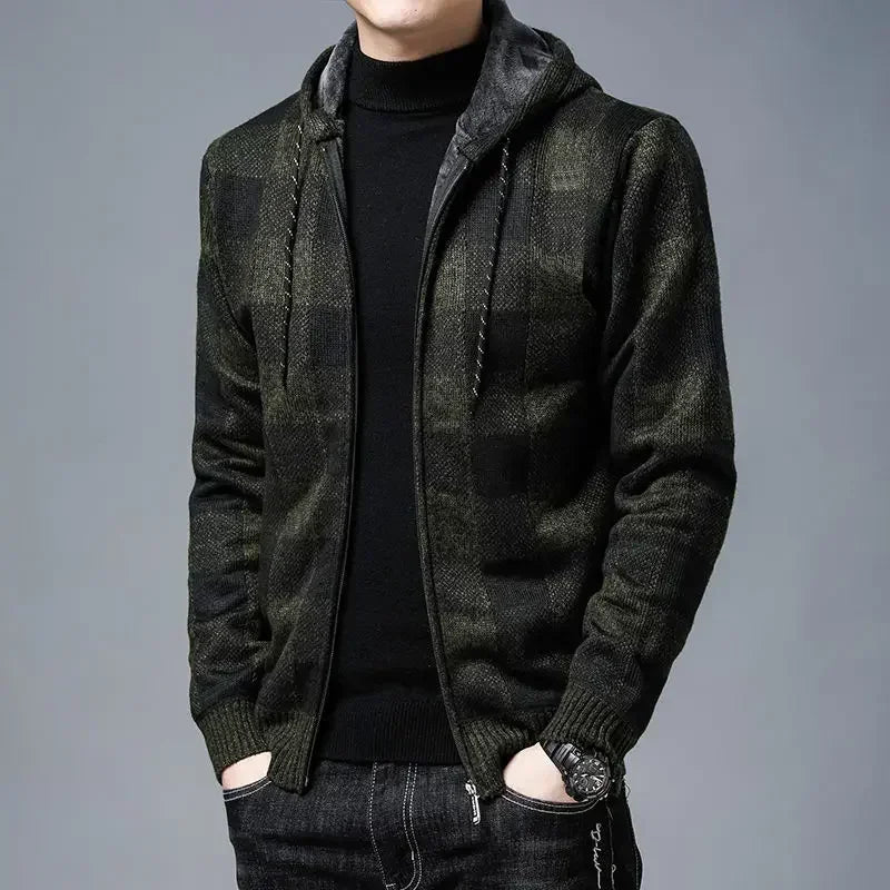 Knit Sweater Male Zipper Plaid Men's Clothing Cardigan Hoodies Zip-up Thick Winter Red Tops Jumpers Casual Stylish Hot Cheap A