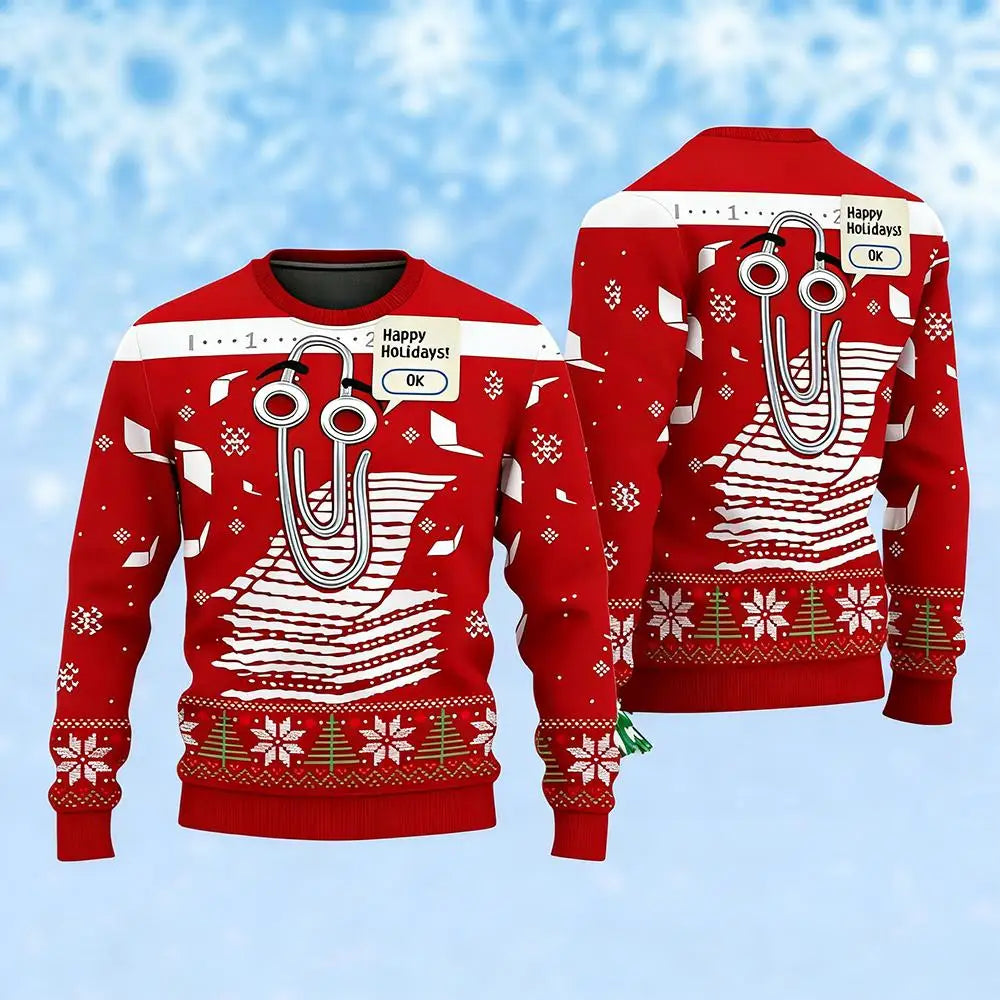 Funny Cute Paperclip Ugly Christmas Sweater Men Women Personality 3D Print Pullover Sweater Unique Festival Long Sleeves Tops