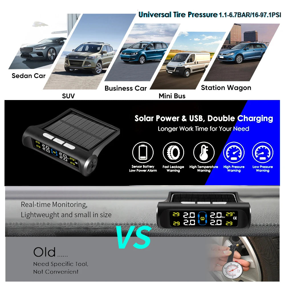 Solar Power TPMS Car Tire Pressure Alarm Monitor System Auto Security Alarm Systems Tyre Pressure Temperature Warning