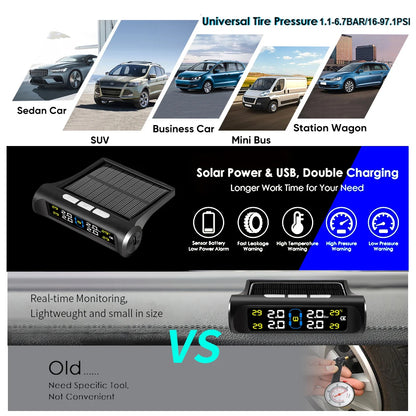 Solar Power TPMS Car Tire Pressure Alarm Monitor System Auto Security Alarm Systems Tyre Pressure Temperature Warning