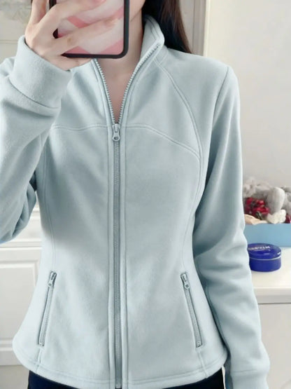 Women's Slim Fit Fleece Lined Short Cardigan Sweater Stand Collar Thickened Waist Shaping Autumn Winter Fashion Outerwear