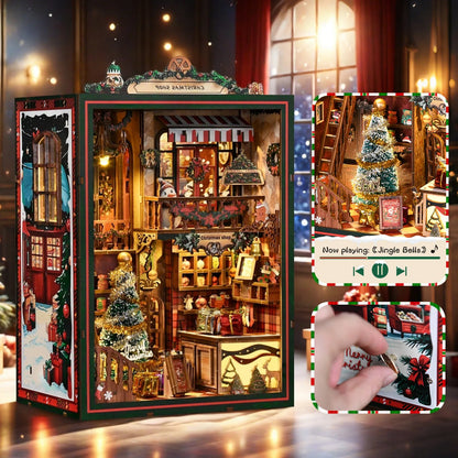 Popular DIY Christmas Book Nook Kit Miniature House with LED Light Wooden Bookshelf Insert Home Decor Holiday Gift
