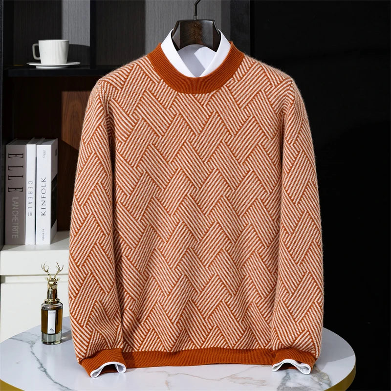 Autumn and winter new thick 100% pure cashmere men's round neck jacquard loose color matching leisure sweater cashmere sweater