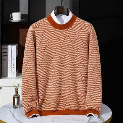 Autumn and winter new thick 100% pure cashmere men's round neck jacquard loose color matching leisure sweater cashmere sweater