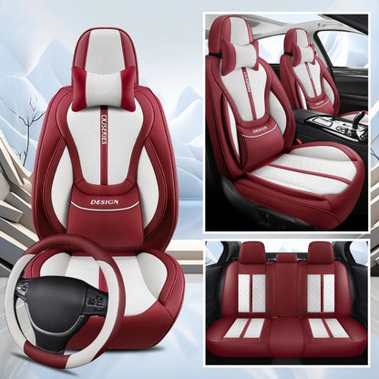 Premium PU Leather Auto Seat Covers Set with Built-in Lumbar Support +2 Headrest Covers +1 Steering Wheel Cover Comfortable